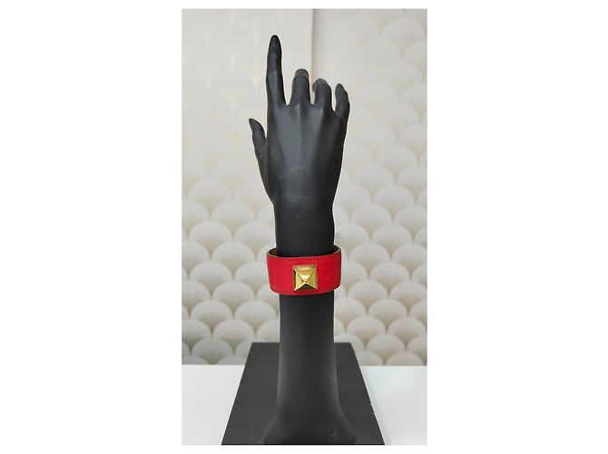 Hermès Collier de Chien Pulseira de couro vermelha com tachinha dourada Vermelho - vista 2