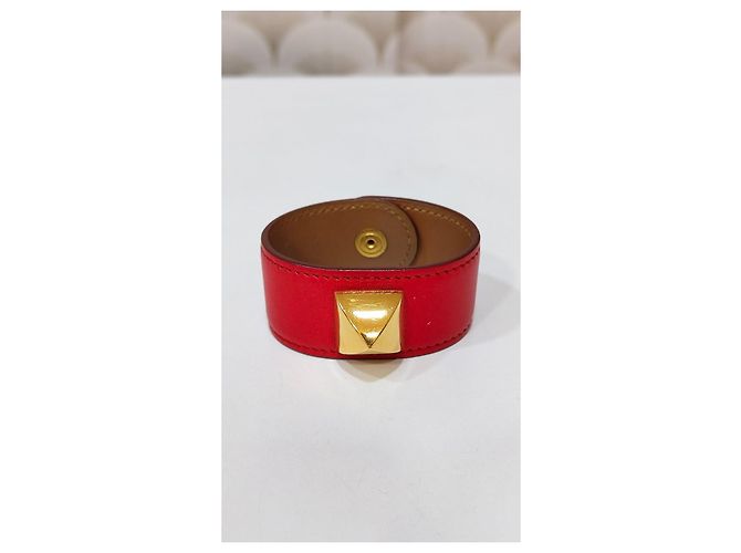Hermès Collier de Chien Pulseira de couro vermelha com tachinha dourada Vermelho - vista 3