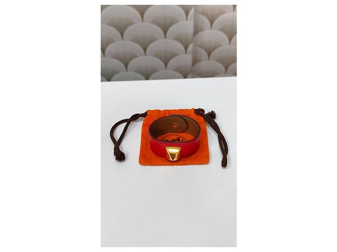 Hermès Collier de Chien Pulseira de couro vermelha com tachinha dourada Vermelho - vista 4