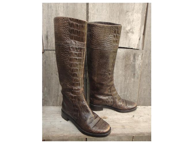 Sergio Rossi Botas Altas de Cuero Marrón Efecto Cocodrilo Castaño - vista 2