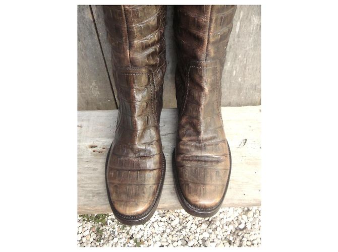 Sergio Rossi Botas Altas de Cuero Marrón Efecto Cocodrilo Castaño - vista 3