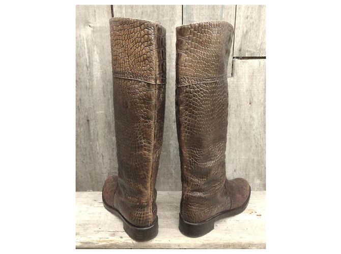 Sergio Rossi Botas Altas de Cuero Marrón Efecto Cocodrilo Castaño - vista 4