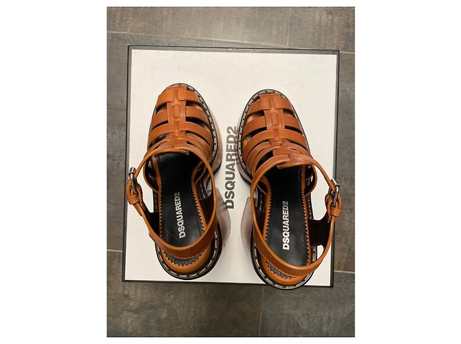 Sandales à talon bloc et plateforme Dsquared2 en cuir cognac - vue 6