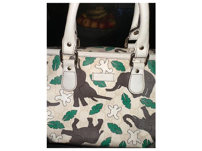 Gucci Borsa Boston Monogramma Stampa Elefante Marrone Bianco Beige Verde - vista 2