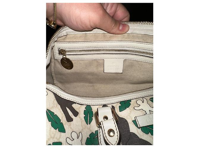 Gucci Borsa Boston Monogramma Stampa Elefante Marrone Bianco Beige Verde - vista 3