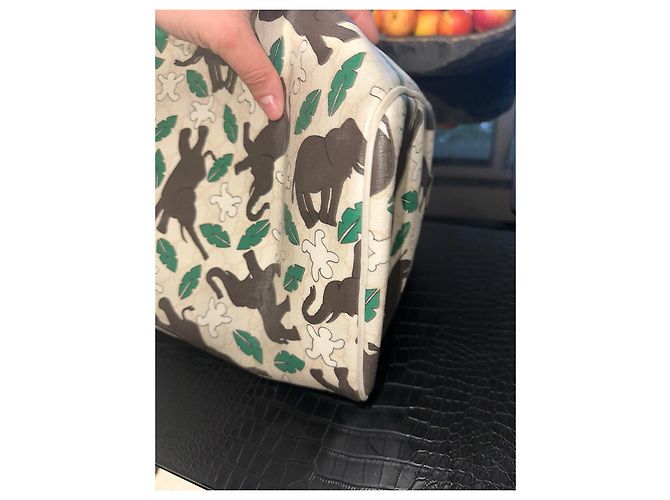 Gucci Borsa Boston Monogramma Stampa Elefante Marrone Bianco Beige Verde - vista 5