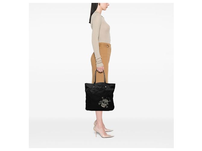 Prada Black Tessuto Skull Tote Schwarz - vista 6