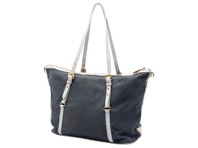 Borsa satchel in tela canapa blu con logo Prada Blu navy - vista 2