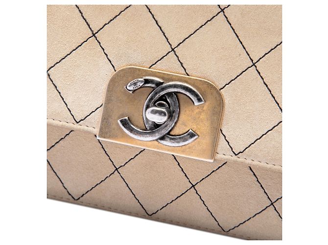 Chanel Beige CC Stitched Camoscio e Pelle di Vitello Single Flap - vista 5