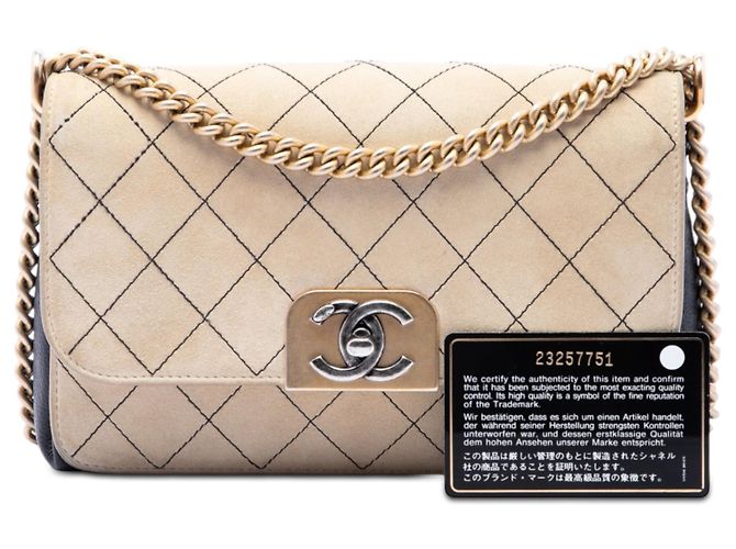 Chanel Beige CC Stitched Camoscio e Pelle di Vitello Single Flap - vista 7