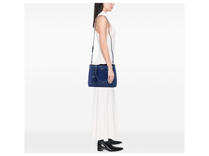 Borsa Tote Convertible Prada Blue Saffiano Soft Shopping - vista 6