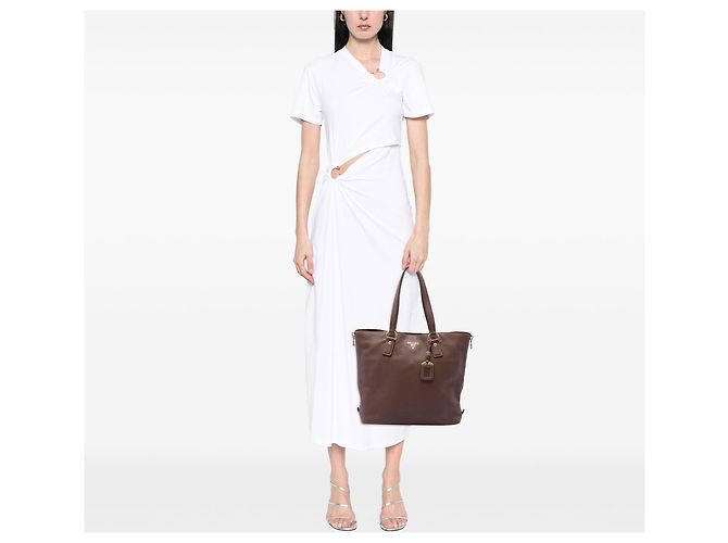Prada Borsa Tote Shopper in Vitello Daino marrone con zip laterale - vista 6