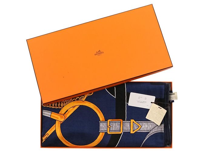 Hermès Sciarpa in seta e cashmere Hermes Eperon d'Or Carre 140 Blu navy - vista 15