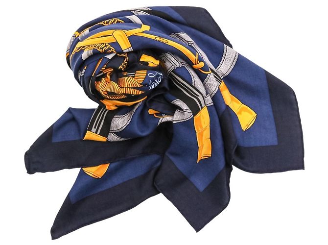 Hermès Sciarpa in seta e cashmere Hermes Eperon d'Or Carre 140 Blu navy - vista 7