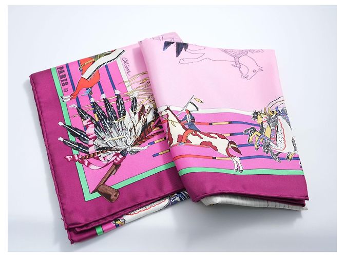 Carré Hermès Pani La Shar Pawnee 90cm Seta Rosa Marrone Bianco Rosso Blu D'oro Verde Porpora - vista 10