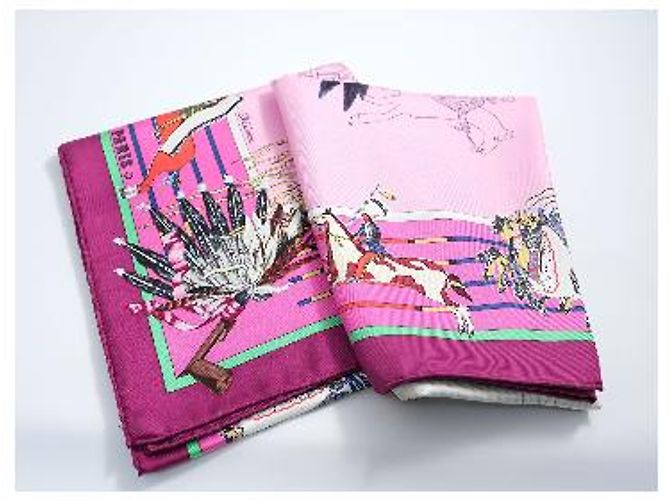 Carré Hermès Pani La Shar Pawnee 90cm Seta Rosa Marrone Bianco Rosso Blu D'oro Verde Porpora - vista 2