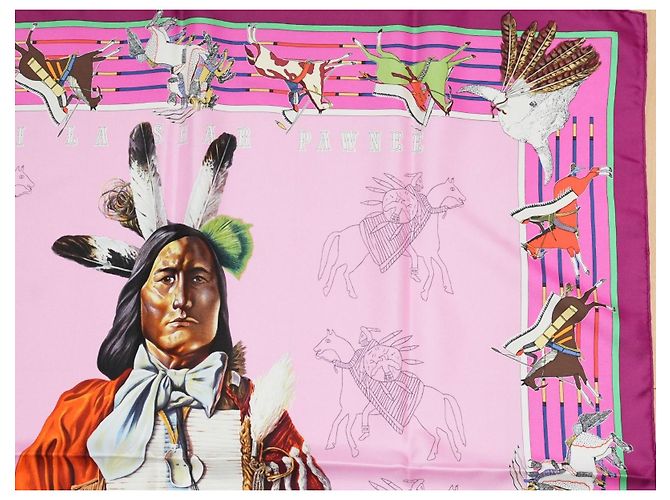 Carré Hermès Pani La Shar Pawnee 90cm Seta Rosa Marrone Bianco Rosso Blu D'oro Verde Porpora - vista 5