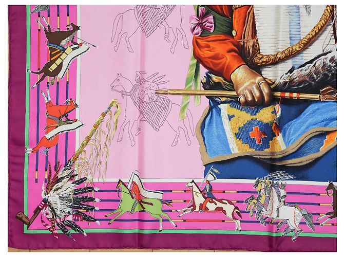 Carré Hermès Pani La Shar Pawnee 90cm Seta Rosa Marrone Bianco Rosso Blu D'oro Verde Porpora - vista 7