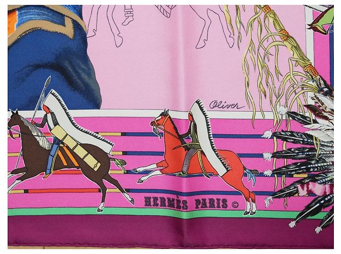Carré Hermès Pani La Shar Pawnee 90cm Seta Rosa Marrone Bianco Rosso Blu D'oro Verde Porpora - vista 8