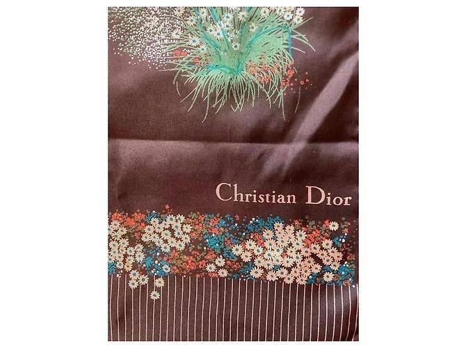 Christian Dior Seidentuch mit floralem Muster Braun Pink Weiß Blau Grün Orange - Ansicht 5