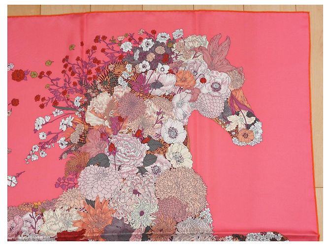 Carré Hermès Robe Légère 90 cm Seta Rosa Marrone Bianco Rosso D'oro Grigio - vista 5