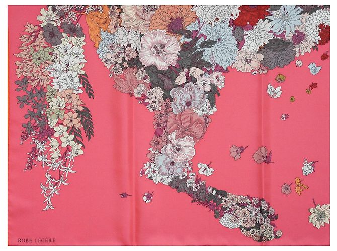 Carré Hermès Robe Légère 90 cm Seta Rosa Marrone Bianco Rosso D'oro Grigio - vista 7