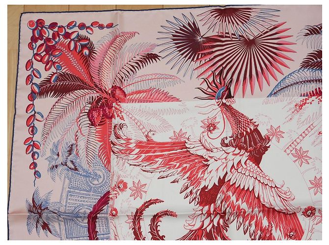 Carré Hermès Mythiques Phoenix 90 cm seta rosa Bianco Rosso Blu Corallo - vista 4