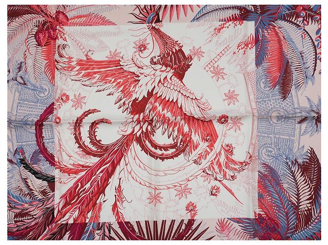 Carré Hermès Mythiques Phoenix 90 cm seta rosa Bianco Rosso Blu Corallo - vista 8