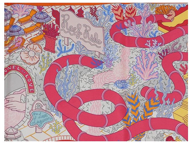 Carré Hermès Splash Park 90 cm in seta - Arancione Rosa Bianco Rosso Blu Giallo - vista 10