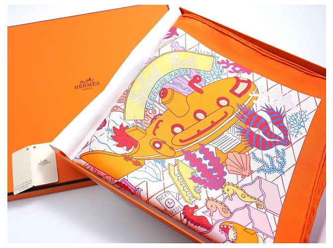 Carré Hermès Splash Park 90 cm in seta - Arancione Rosa Bianco Rosso Blu Giallo - vista 13