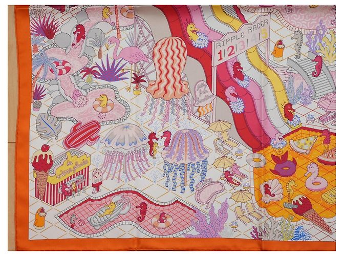 Carré Hermès Splash Park 90 cm in seta - Arancione Rosa Bianco Rosso Blu Giallo - vista 5