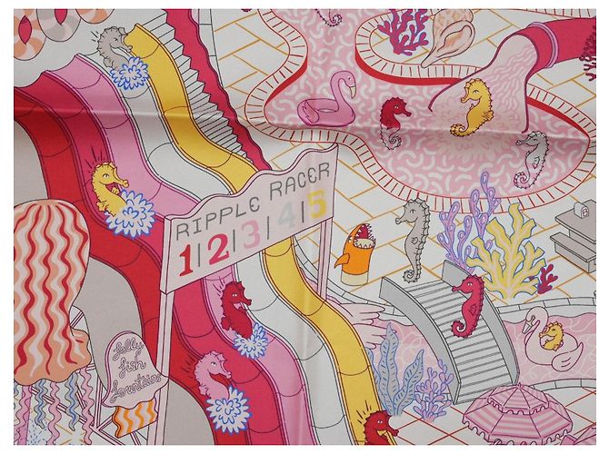 Carré Hermès Splash Park 90 cm in seta - Arancione Rosa Bianco Rosso Blu Giallo - vista 6