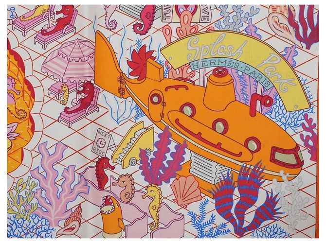 Carré Hermès Splash Park 90 cm in seta - Arancione Rosa Bianco Rosso Blu Giallo - vista 7