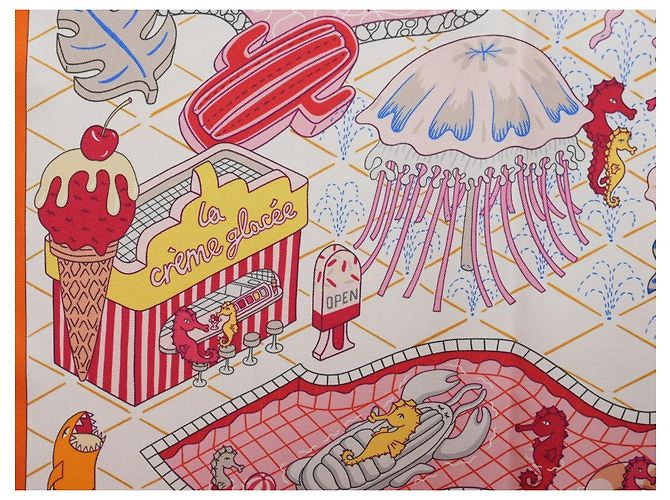 Carré Hermès Splash Park 90 cm in seta - Arancione Rosa Bianco Rosso Blu Giallo - vista 8