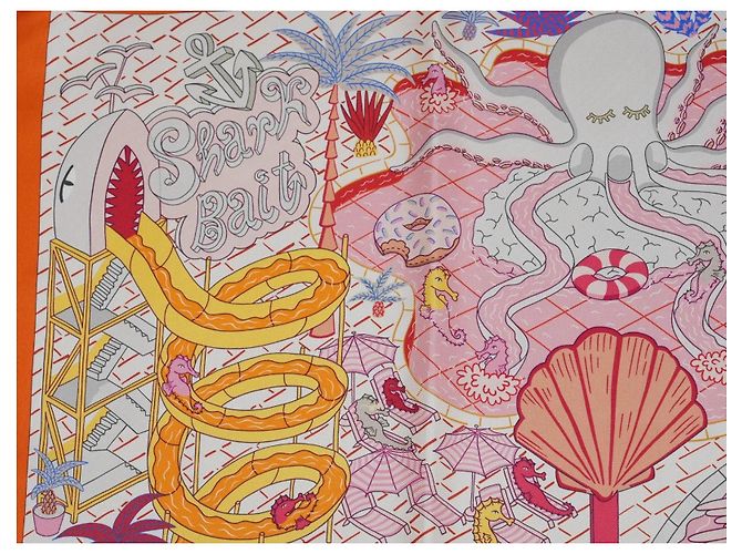Carré Hermès Splash Park 90 cm in seta - Arancione Rosa Bianco Rosso Blu Giallo - vista 9