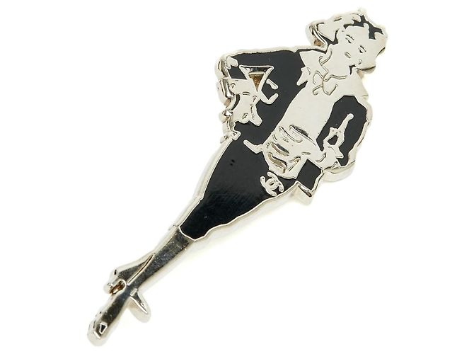 Spilla Chanel 2003 Silhouette Coco XL Metallo Argento Smalto Nero - vista 2