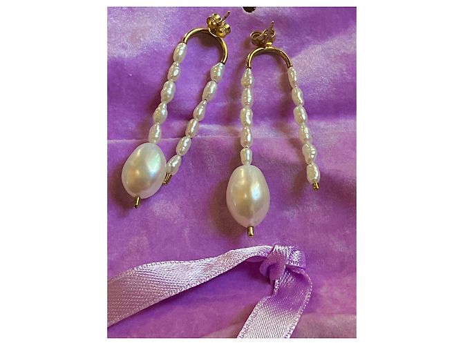 Autre Marque Orecchini a goccia in perla barocca e oro giallo 18k Bianco D'oro - vista 4