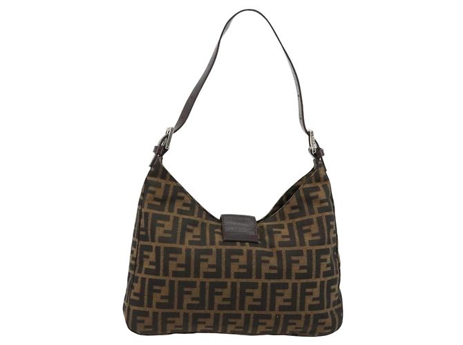 FENDI Zucca Canvas Mamma Baguette Shoulder Bag Black Brown Auth 182592M Marrone Nero - vista 3