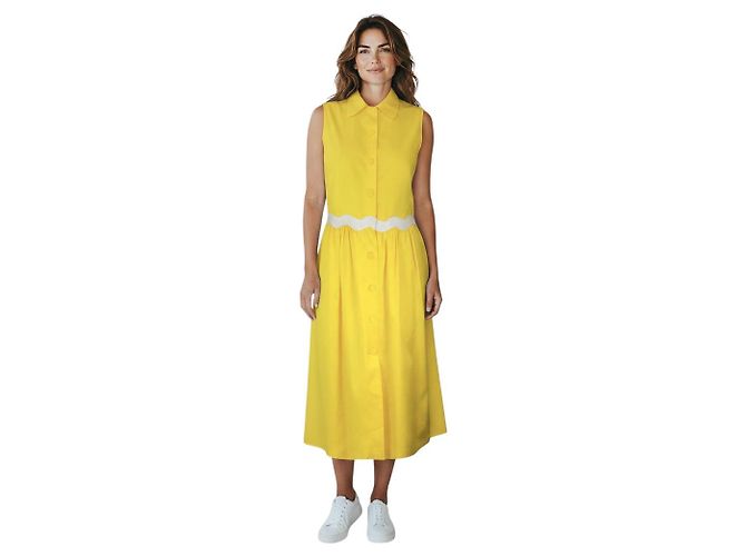 Vestido midi Moschino Couture sin mangas con botones de algodón Amarillo / Blanco - vista 5