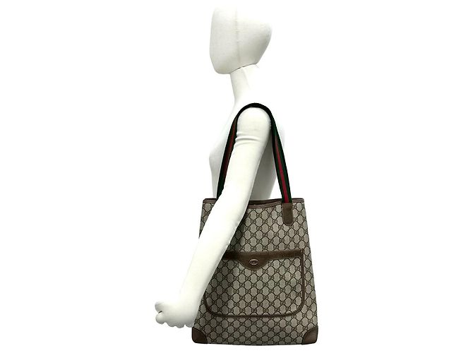 Bolso Tote de Cuero Gucci Vintage Sherry Line GG Logo Castaño Roja Verde - vista 2