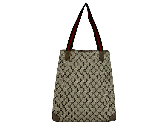 Bolso Tote de Cuero Gucci Vintage Sherry Line GG Logo Castaño Roja Verde - vista 3