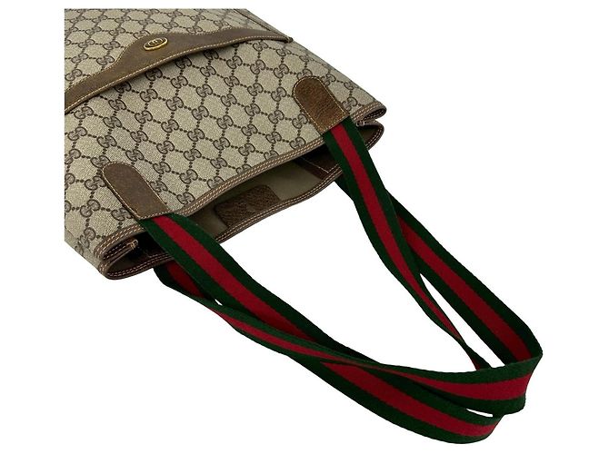 Bolso Tote de Cuero Gucci Vintage Sherry Line GG Logo Castaño Roja Verde - vista 4