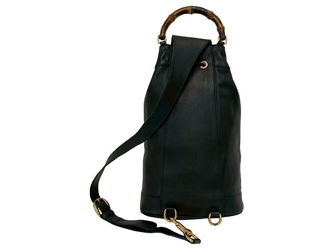 Bamboo GUCCI Vintage Bambus-Leder-Drawstring-Bodybag Schwarz - Ansicht 3