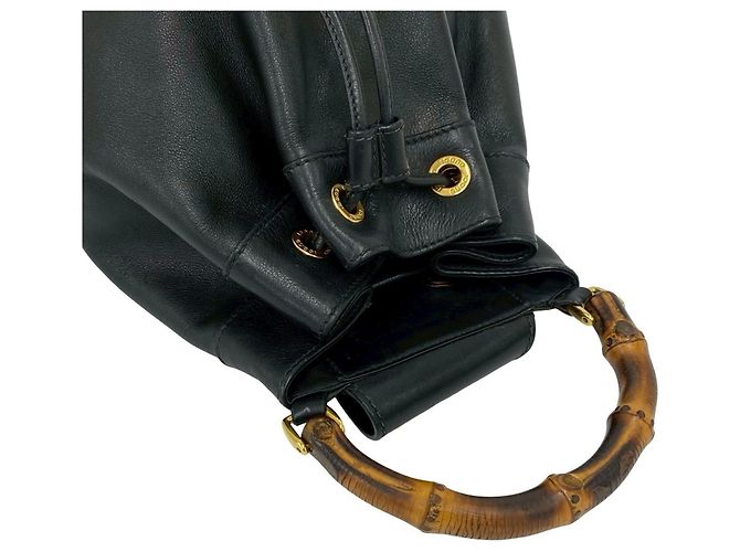 Bamboo GUCCI Vintage Bambus-Leder-Drawstring-Bodybag Schwarz - Ansicht 4