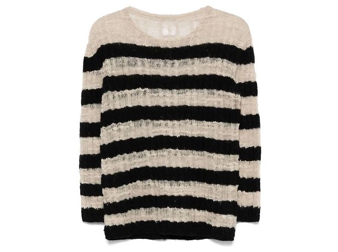 Maglione a maglia aperta in misto cashmere a righe nero e avorio Chanel anni 2010 Marrone Beige - vista 2