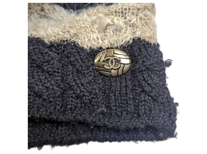 Maglione a maglia aperta in misto cashmere a righe nero e avorio Chanel anni 2010 Marrone Beige - vista 3