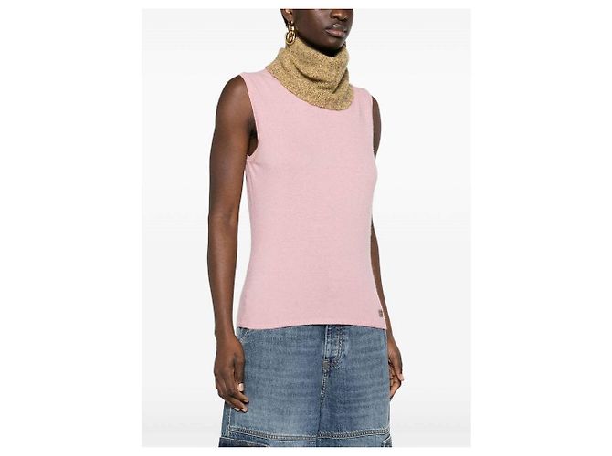 Chanel 2001 Rosa Kaschmir-Strickoberteil mit mehrfarbigem Kontrast-Rollkragen Pink - Ansicht 2