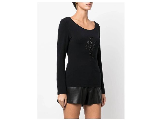 Versace Y2K schwarzer Viskose-Pullover mit besticktem Kristall-Logo - Ansicht 2