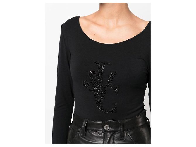 Versace Y2K schwarzer Viskose-Pullover mit besticktem Kristall-Logo - Ansicht 4