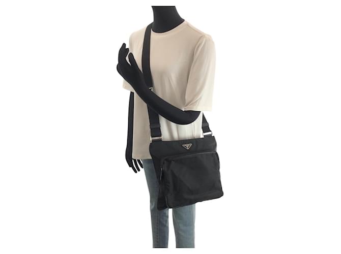 Borsa a Spalla Prada Nylon Tessuto Triangle Logo Nero - vista 7